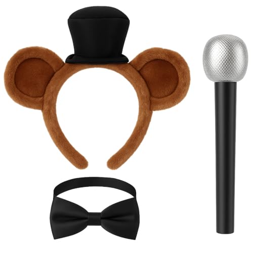 HandinHandCreations Freddy Bear Costume, Brown Bear Ears Headband with Black Bow Tie and Microphone Prop - Five Nights Accessories Pack