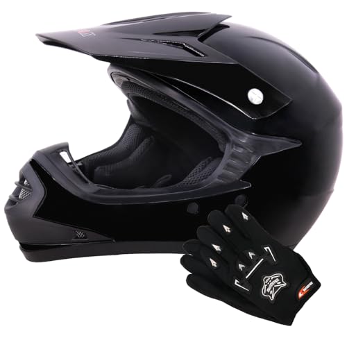 Zorax ZOR-X15 Black M (51-52cm) Kids Motocross Motorbike MX Helmet & Gloves M(6cm) - ATV Dirt Bike BMX Quad Off Road Helmet ECER 2206