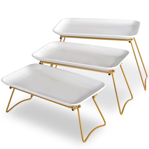 HAPPY KIT 3 Tier Serving Tray Set with Gold Freely Combinable Rack,12 Inch Tiered Tray Stand,Widened Porcelain Platters,Decor Cupcake Stand for Christmas Party Display,Dessert Trays Collapsible