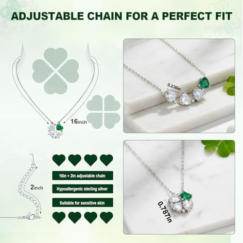 Women's Sterling Heart Birthstone Silver Necklace - 925 Sterling Silver Four-Leaf Clover 2-in-1 Moissanite Pendant Necklace with Adjustable Chain for Anniversary Birthday Valentine's Day4