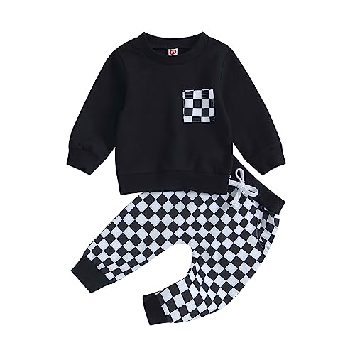 Karuedoo Baby Boy Girl Fall Outfits Checkered Plaid Pullover Sweatshirt Top Pants Set Trendy Toddler Checkerboard Outfit