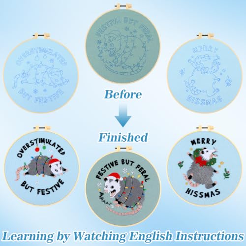 Image of Mindsoft 3 Set Needlepoint Kit for Beginners with Hoop,Christmas Possum