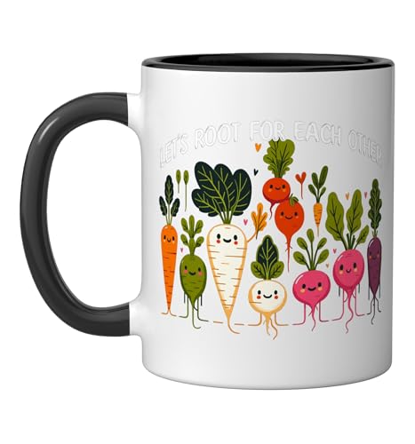 Let's Roots For Each Other Funny Vegetable Vegan Veggie Ceramic Mug, Black/White