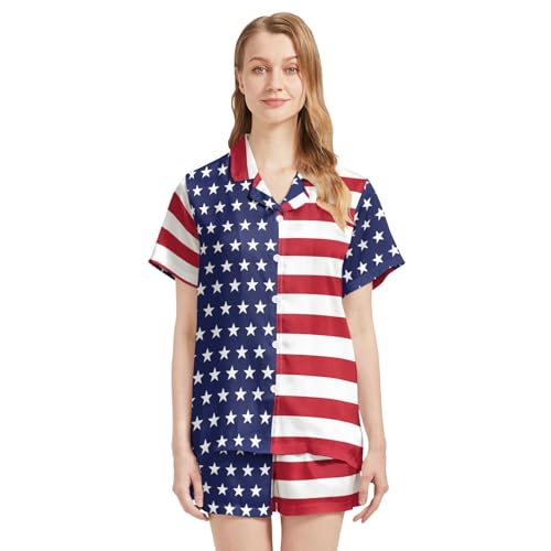 Image of Silk Satin Pajama Set for Women Summer Lounge Pjs Sets 2 Piece Suit Ladies Button Down Tops And Shorts Sleepwear