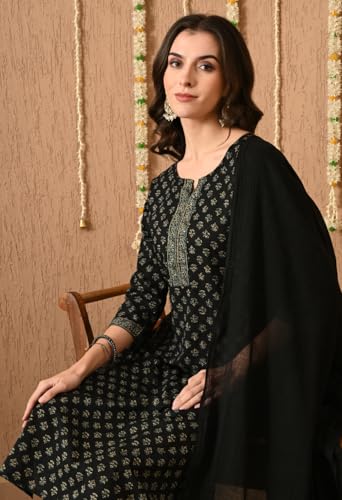 Image of Amazon Brand - Tavasya Womens Ethnic Motifs Printed Regular Pure Cotton Kurta with Trousers & Dupatta | Kurta Set | Salwar Suit | Ethnic Wear