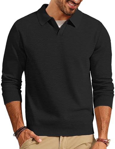 PJ PAUL JONES Black Sweater Men V Neck Pullover Sweater Textured Soft Lightweight Polo Sweater for Daily
