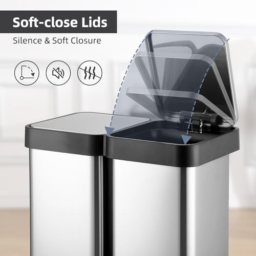 16 Gallon Dual Trash and Recycling Bin, 60L(2x30L) Fingerprint Proof Stainless Steel Kitchen Garbage Can with Double Lid, Hands-Free Step Rubbish Bin Without Inner Bucket for Kitchen Home Office