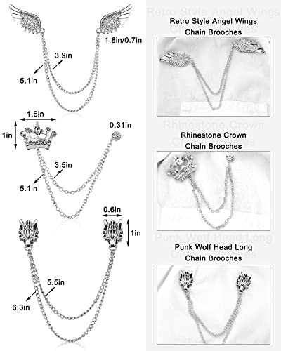 6 Pieces Tassel Chain Brooch Collar Pins Wedding Brooches Collar Pins Wings Wolf Head Crown Lapel Suit Shirt Tuxedo Accessories for Wedding Anniversary Halloween Birthday Party Office2