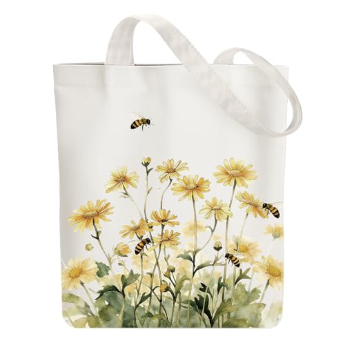 ANATTASOUL Baumwolltasche Personalisiert mit Bienen und Blumen, Leinwand Geschenk Tragetasche f&uuml;r Damen Freundin Mama Schwestern Ehefrau Geburtstag, Muttertag Tasche con Cremallera 38 * 40cm
