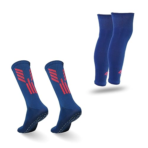 Image of Mizaki Anti-Slip Football Socks and Leg sleeve Combo Pack for Men & Women - Football Grip Stockings with Rubber Pad Grip Technology with UV Protection Leg sleeve