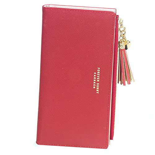Image of SUMGOGO Wallets for Women Slim Clutch Purse Handbag Card Holder Womens Long Tassel Zipper Pocket Fashion Taiga Leather Billfold Wallet (Red)