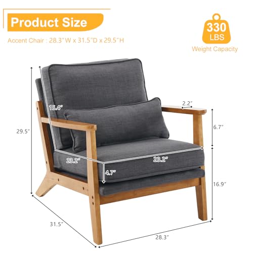 Image of Karl home Mid-Century Lounge Accent Chair, Gray | Wide Curved Armrest, Linen Fabric, Lumbar Pillow Included, Solid Wood Frame, For Living Room, Bedroom, Balcony, Apartment