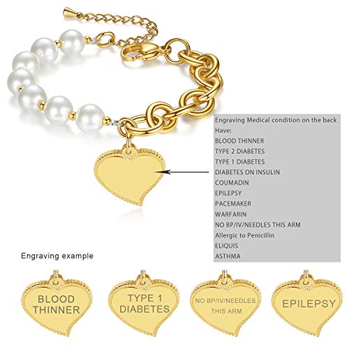 Mnmoom Elegant Imitation Pearl Beaded With Heart Medical Alert Charm Medical Id Bracelets For Women Gold Coumadin Bracelet #TOP2