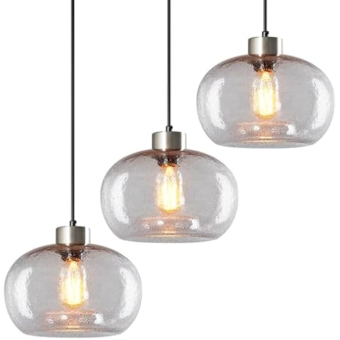 LBSQJ Blown Glass Pendant Lights Kitchen Island Modern Brushed Nickel Pendant Light Farmhouse Pendant Lighting for Dining Room Bedroom (Clear Smoke Gray 9.44 in 3 Pack) Cover