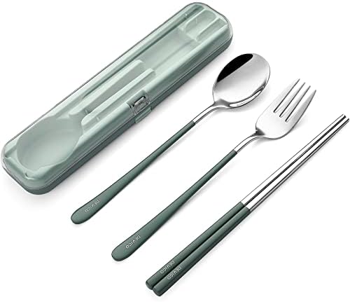 DEVICO Portable Utensils, Travel Reusable Silverware Flatware Set for Lunch, 18/8 Stainless Steel 4-Piece Camping Cutlery Include Fork Spoon Chopsticks with Case (Green)