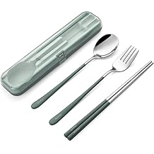 DEVICO Portable Utensils, Travel Reusable Silverware Flatware Set for Lunch, 18/8 Stainless Steel 4-Piece Camping Cutlery Include Fork Spoon Chopsticks with Case Green