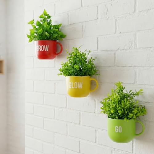Image of Dekorly Colorful Wall-Mounted Mug Planters with Faux Greenery(20 CM)- Wall Decorative Pots for Vibrant Home & Office Decor| (3, Grow Glow Go)