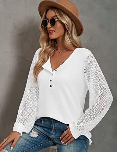 Waffle Knit Tops For Women,Rosydeer Womens Fall Fashion 2022 Top Cute Puff Long Sleeve Work Blouses Casual Trendy Sweaters Lace Shirts White Small #TOP2