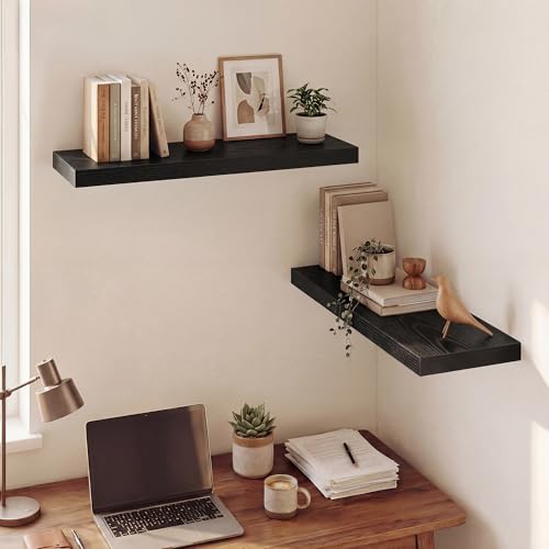 Image of Dreamland 30 Inches Floating Shelves for Wall, 9.3 inch Deep Long Floating Shelves Set of 2, Large Display & Storage Shelf, Wall Shelf for Bathroom Bedroom Living Room Kitchen Office, Black
