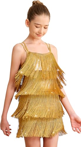 Sanmsoner Girls 1920s Flapper Tassel Dress Sequin Fringe Latin Dance Dress Party Ballroom Dance Costumes(0430-05-XXL) Gold
