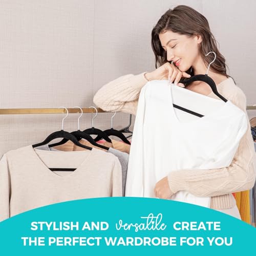HOUSE DAY Schwarzer Kleiderbügel 20 Stück, Samt Kleiderbügel Rutschfester Filz Bügel -Platzsparende, Premium Schwarzer Anzugbügel, 360° Drehbarer Haken