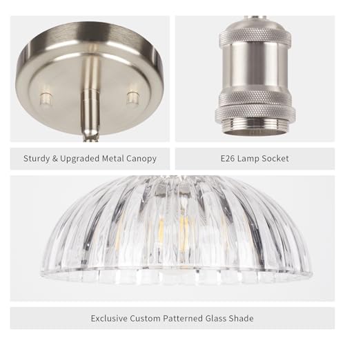 Image of JYO 10 inch Brushed Nickel Pendant Lighting, Vintage Single Pendant Light Fixtur with Ribbed Glass, Pendant Light for Kitchen Island Bedroom Hotel Living Room