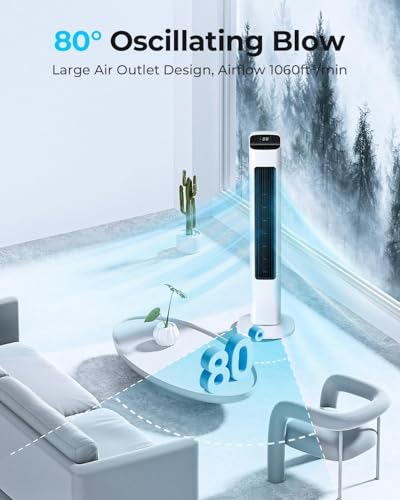 Antarctic Star Tower Fan for Bedroom, 23ft/s Velocity, 80° Oscillating Standing Fan, 5 Speeds 3 Modes, 12H Timer with Remote, Bladeless Floor Fan with Remote for Home Office, 36 Inch, White — view 6