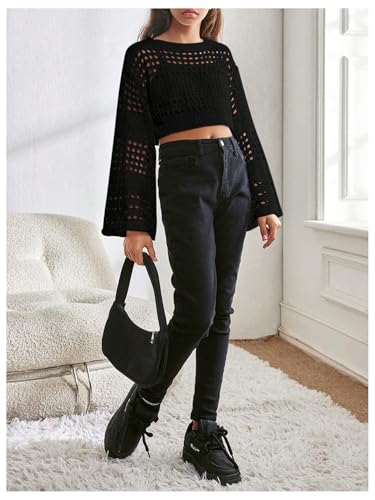 Image of RoseSeek Girl's Hollow Out Knitted Crop Sweater Long Sleeve Crew Neck Drop Shoulder Sheer Pullovers Knitwear