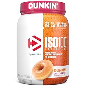 Dymatize x Dunkin’ Glazed Donut ISO100 Whey Protein Powder, 25g of Protein, 20 Servings, 5.5g BCAAs, 120 Cal., Gluten Free, 1g Fat, 1g Sugar, 2g Carb