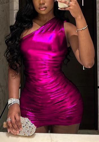 Lucuna Women's Birthday Dress Sexy One Shoulder Metallic Sparkly Bodycon Ruched Club Mini Dress2