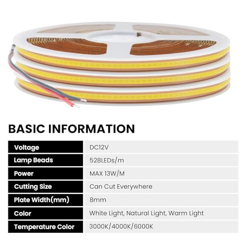 Tira LED flexible 12V COB natural blanco 29.52FT miniatura 7