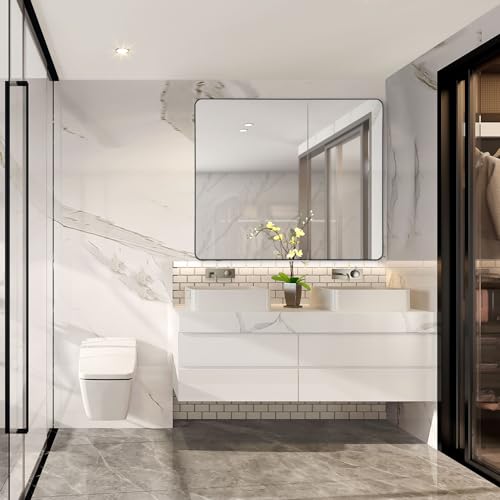 Image of IDYLLOR Black Bathroom Mirror Medicine Cabinet with Round Corner Framed Door 30 x 25.6 inch, Recessed or Surface Mount, with Adjustable Glass Shelves