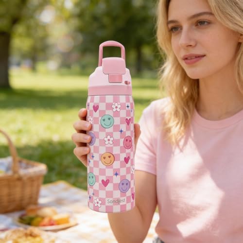 Image of Checkered and Smiley Face Stainless Steel Water Bottle, Vacuum Insulated, Push-Button Lid, 32 oz, Gifts for Women Girls Friends Teens Birthday Christmas