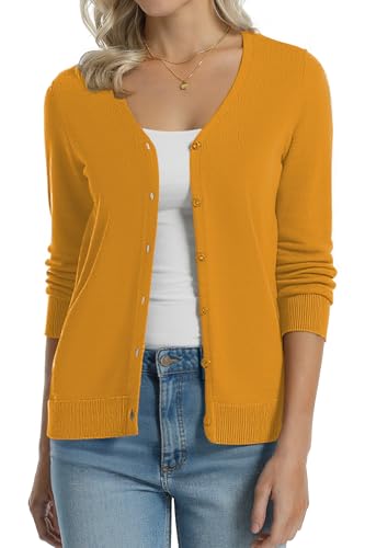 Image of QUALFORT Women's 100% Cotton Lightweight Cardigans Long Sleeve Knitted Button Down Sweater