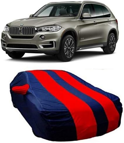 DRIZE Car Cover for BMW X5 with Triple Stitched Fully Elastic Ultra Surface Body Protection (Strips Red with Mirror Pockets)
