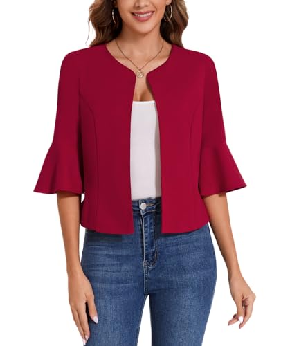 Womens Casual Blazers Cropped Work Office Trumpet 3/4 Sleeve Suit Jacket Casual Elegant Blazers(Red XL)3