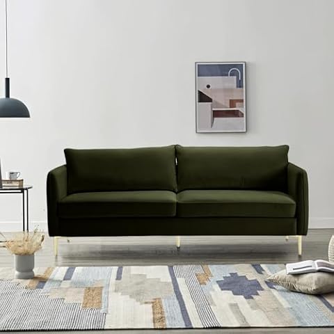RXRRXY Modern 85” Velvet Loveseat Sofa Couch, Mid-Century Love Seat Sofa for Living Room, Oversized 2 Seater Couches Sofa with Square Arm and 5 Sturdy Metal Legs for Living Room, Bedroom (Olive Green) Cover