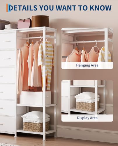 Tall Dresser for Bedroom with 16 Drawers & Clothes Rack & 2 Storage Shelves, Fabric Dressers & Chests of Drawers, Large Closet Dresser for Storage and Organization (General Clothes Rack, White PU)