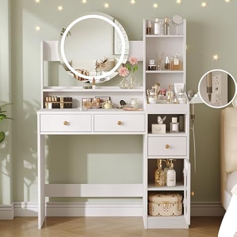 Vabches Vanity with Round Mirror and Lights,39 Inch Makeup Vanity Table with 3 Storage Compartments&Drawers,White Vanity with Glass Door Cabinet&Power Strip,Dressing Table for Bedroom Cover