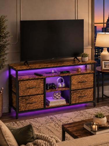 hitsuki Meuble TV Banc TV avec Rangement et Prise intégrée 110cm Meuble télé Industriel Bois et Noir avec 4 tiroirs Tissu étagères Ouvertes pour Salon...