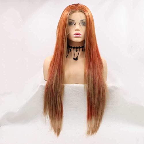 melody wig Highlight Copper Red Synthetic Lace Front Wigs withBrown Tips Long Soft Silky Straight Red Orange Lace Front Wig Hair (Copper BrownST)
