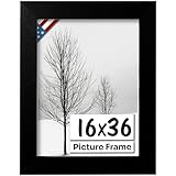 US Art Flat Black 16x36 Picture Frame - Handmade American Flat 1' Wide Engineered Wood Frame for Wall Décor with Preinstalled Hangers and UV Blocking Plexiglass, 16x36 Frame
