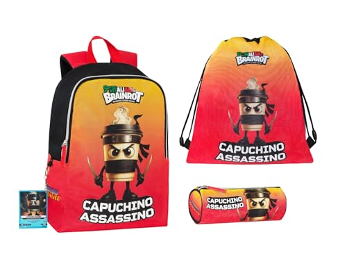 Generico Sac à dos Brainrot Cappuccino Assassin Loisirs Prestige & Deluxe avec carte porte-clés exclusive + sac + trousse de tombola + set d'écriture stylos + porte-clés Brainrot + carte