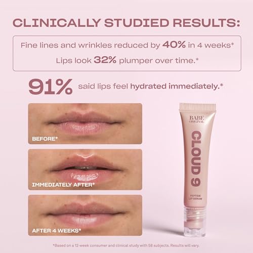 BABE ORIGINAL Cloud 9 Peptide Lip Serum for Daily Moisturizing & Anti-Aging | Vegan & Hydrating Lip Treatment with Cloudberry Oil & Mushroom Extracts | Dry Lips & Fine Lines Relief | 0.34oz