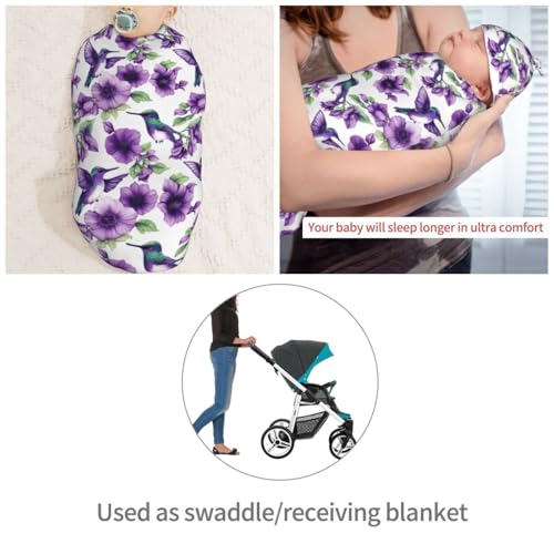 Image of Painting Hummingbirds and Flowers Newborn Swaddle Blankets Hat Sets Soft Baby Receiving Blanket Swaddle Sack for Baby Shower Infant Boy Girl Gift