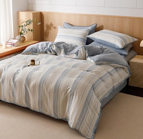 Image of VM VOUGEMARKET Blue White Stripes Duvet Cover King 100% Cotton Muslin Duvet Cover Embroidered Cozy Simple Modern Bedding Set for Men Women
