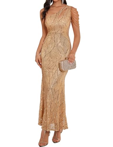 Image of Women One Shoulder 1920s Plus Size Formal Dress Tassels Sleeve Sequins Gatsby Maxi Evening Gown