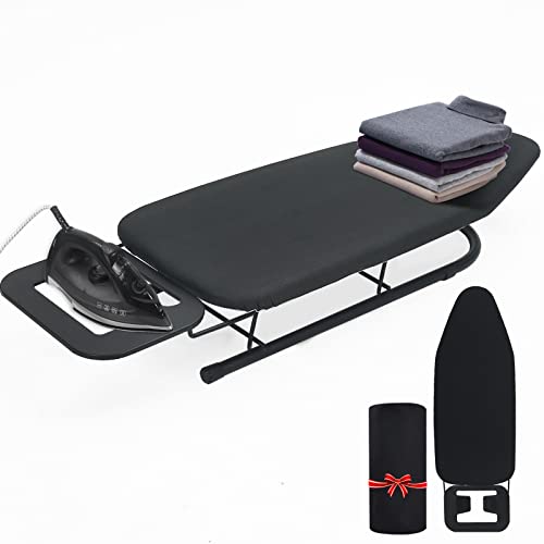 Rainberg Tabletop Ironing Board with Extra Cover, Suitable for Left and Right-Handed Users, 76 x 30cm,100% Cotton Cover, Lightweight, Easily Foldable Legs, Perfect for Travel & Small Spaces. (Black)