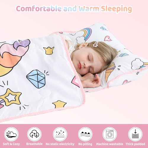 Image of Viviland Toddler Kid Nap Mat for Preschool, White Unicorn Slumber Bag, Daycare Bag with Pillow and Blanket, Kindergarten Mat