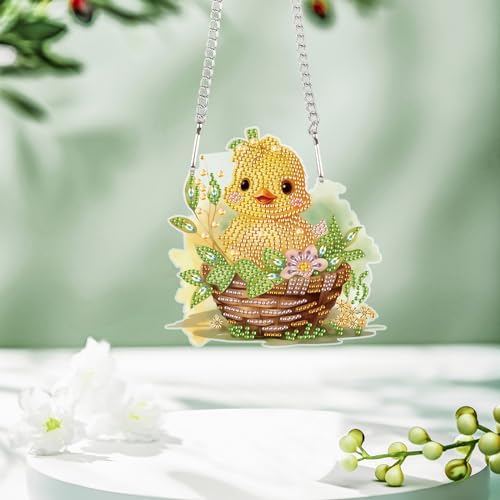 Image of AiYuanzsh Yellow Duck Diamond Painting Kit with Hanging Chain, DIY 5D Diamond Art Hanging Kit for Adults, Acrylic Mini Suncatcher, Special Shaped Crystal Wall Ornament, Home Decor, Holiday Craft